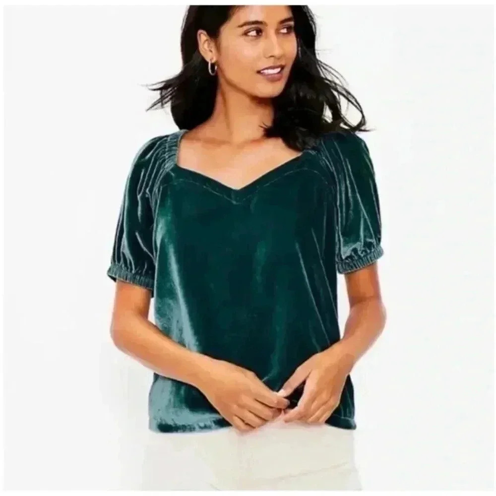 LOFT Emerald Green Velvet Short Sleeve Blouse